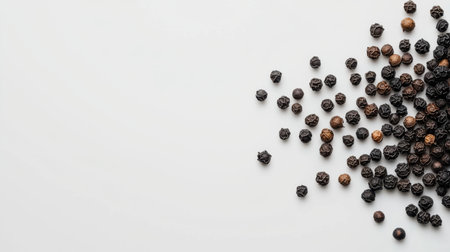 A visually appealing arrangement of black pepper scattered on a light surface, showcasing natural textures and colors. Perfect for culinary themes.の素材