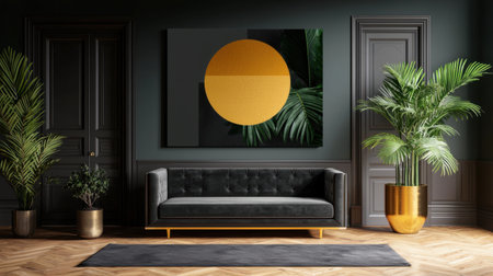 A modern living room featuring an elegant black sofa, lush green plants, and a striking wall art piece with a yellow circle, creating a stylish and inviting atmosphere.の素材