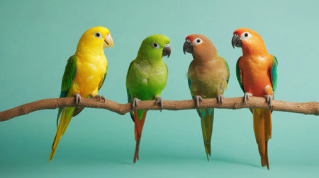 A beautiful arrangement of four colorful parrots perched on a branch, showcasing their vibrant plumage and lively personalities against a soft backdrop.の素材
