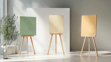 This modern studio setup features three blank canvases on wooden easels, inviting creativity and inspiration in a bright, minimal space.の素材