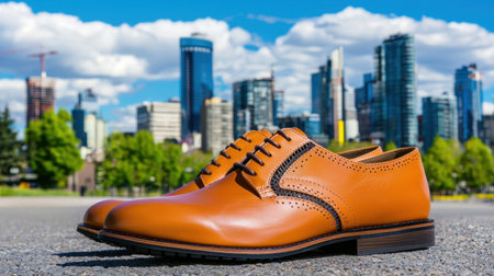 Capture the essence of city life with these stylish brown dress shoes set against a vibrant urban skyline. Perfect for fashion enthusiasts seeking elegance.の素材