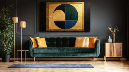 Elegant living room featuring a green sofa adorned with gold pillows, a striking gold artwork on the wall, and stylish decor elements creating a cozy and inviting atmosphere.の素材