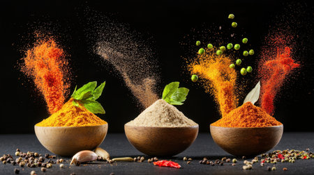 Explore the vivid world of spices with these vibrant powders and fresh herbs in rustic bowls. Perfect for culinary enthusiasts and food photography lovers.の素材