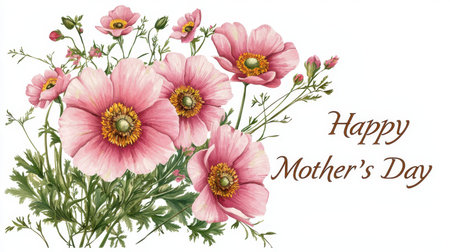 Beautiful illustration of pink flowers accompanied by "Happy Mother's Day" text, perfect for celebrating love and appreciation on this special occasion.の素材
