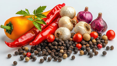 A vibrant assortment of fresh vegetables including peppers, onions, and tomatoes, complemented by a variety of spices. Perfect for healthy cooking inspiration.の素材