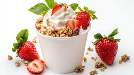 This vibrant yogurt cup features fresh strawberries and crunchy granola, ideal for a healthy snack or breakfast. Perfect for food photography and culinary inspiration.の素材