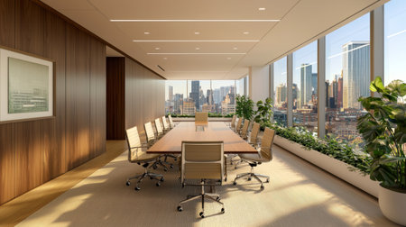 Spacious boardroom featuring a large table and elegant chairs, illuminated by natural light. Breathtaking city skyline view creates a perfect atmosphere for meetings.の素材