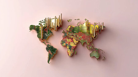 This creative world map features vibrant colors and data visualizations, showcasing trends and statistics in an engaging design. Perfect for presentations or infographics.の素材