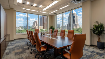 Spacious conference room featuring a modern design with elegant furniture, large windows, and a stunning city view, perfect for meetings and collaborative sessions.の素材