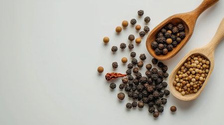 A beautiful arrangement featuring various spices and seeds displayed in wooden spoons against a clean light background, ideal for culinary styles and recipes.の素材