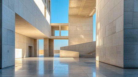 Minimalist architecture showcasing light and shadow interplay, featuring geometric forms, clean lines, and a serene atmosphere. Ideal for modern design themes.の素材