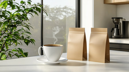 Enjoy a peaceful morning scene featuring a steaming cup of coffee beside two bags of gourmet coffee. Natural light enhances the inviting atmosphere of the kitchen.の素材
