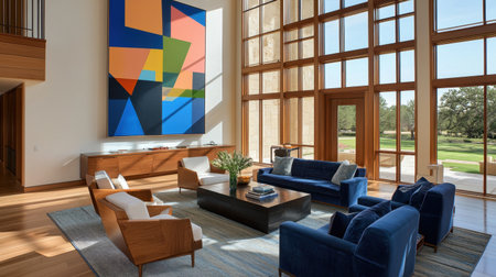 Bright and spacious modern living room features large windows, abstract art, and stylish furnishings that blend comfort and elegance for a serene atmosphere.の素材
