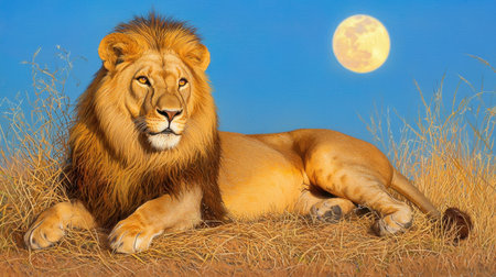 A majestic lion lounges in the golden grass, illuminated by a bright full moon, capturing the essence of wildlife in its natural habitat. The scene evokes a sense of calm and strength.の素材