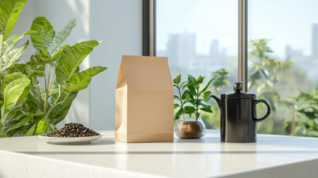 A minimalist coffee setup featuring a package of coffee beans, a sleek kettle, and a lush indoor plant, all bathed in natural light, creating a cozy atmosphere.の素材