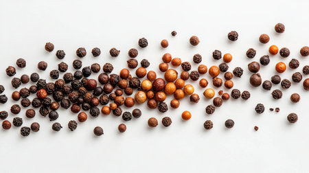 Vibrant assortment of whole spice seeds displayed on a clean white background. Perfect for culinary themes, food photography, or kitchen decor.の素材