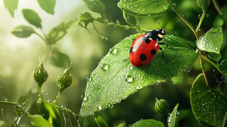 A captivating close-up of a vibrant ladybug resting on a green leaf adorned with morning dew droplets, showcasing the beauty and intricacy of nature.の素材