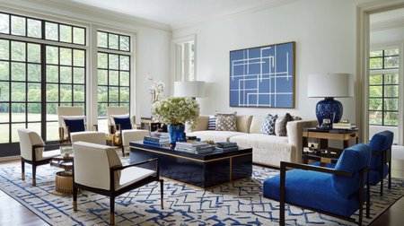 Discover a modern living room featuring blue and white decor elements, ensuring an elegant yet cozy atmosphere. The room's design emphasizes natural light and stylish furnishings.の素材