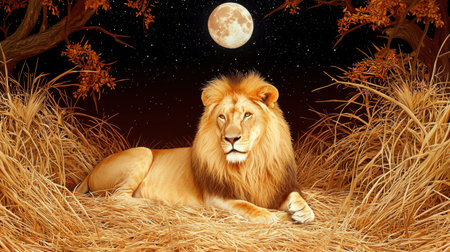 A striking portrait of a majestic lion resting in a golden grass landscape under a luminous full moon, evoking feelings of peace and wilderness.の素材
