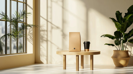 A bright and airy interior scene featuring a wooden table with a coffee cup, surrounded by lush greenery, creating a serene and inviting atmosphere perfect for relaxation.の素材