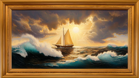 This captivating artwork depicts a sailboat bravely navigating stormy seas, with radiant sunlight breaking through clouds in the background.の素材