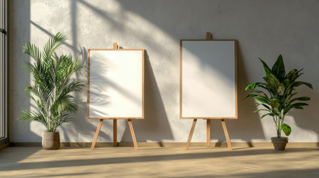 A bright and minimalist art studio featuring two empty canvases on wooden easels beside lush green plants, creating a serene and inspiring workspace.の素材