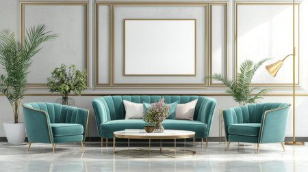 Discover an elegant living room featuring plush turquoise sofas, stylish decor, and ample greenery, creating a perfect ambiance for relaxation and comfort.の素材