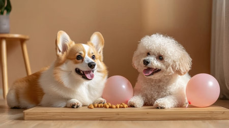 Two adorable dogs, a corgi and a poodle, relax on a wooden surface surrounded by balloons and treats, showcasing their friendship and joy in a home setting.の素材