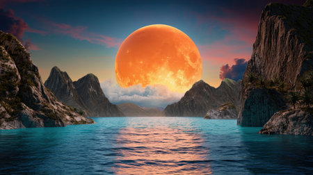 A breathtaking scene featuring a vibrant orange full moon rising above tranquil waters, framed by majestic mountains under a colorful sky at sunset.の素材