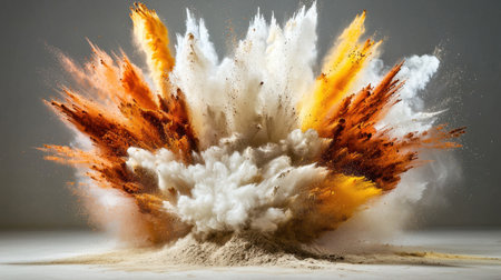 Captivating explosion of colored dust creating a stunning visual display. The dynamic motion and vivid colors showcase the energetic impact in an abstract setting.の素材