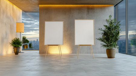 A stylish and minimalistic interior featuring two empty easels, lush plants, and large windows offering a city view. Perfect for creative inspiration and artistic settings.の素材