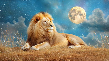 A majestic lion rests gracefully under a glowing moon, surrounded by twinkling stars and soft clouds, embodying the beauty of wildlife at night.の素材