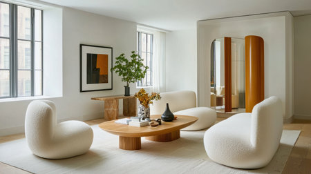 Discover a modern minimalist living room featuring stylish furniture, natural light, and elegant decor. A perfect blend of comfort and design for any space.の素材