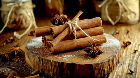 A closeup of aromatic cinnamon sticks and star anise arranged on a rustic wooden table, showcasing natural beauty and culinary potential. Perfect for seasonal recipes.の素材