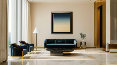 A modern luxurious living room featuring a stylish sofa and armchairs, an elegant coffee table, and captivating artwork. The bright space exudes comfort and sophistication.の素材