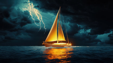 A glowing sailboat navigates turbulent waters under a dramatic sky filled with dark clouds and lightning, capturing the essence of adventure and nature's power.の素材