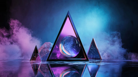 This captivating abstract geometric scene features sleek triangles and a luminous sphere, surrounded by colorful smoke and reflective surfaces, creating a stunning visual experience.の素材