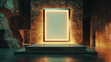 A captivating minimalist cave interior featuring an illuminated frame on a raised platform, surrounded by stone walls. This serene scene offers a unique ambiance and reflects tranquility.の素材