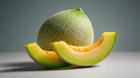 A fresh melon with vibrant green and orange colors sits elegantly against a minimalistic background, showcasing its juicy slices. Perfect for food photography.の素材