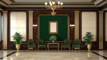 Explore this luxurious interior space featuring elegant furniture, a rich color palette, and sophisticated decor, perfect for an upscale setting.の素材