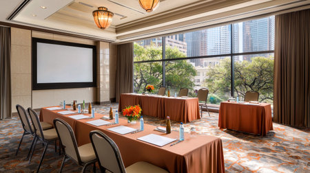 Bright and spacious conference room featuring large windows, elegant decor, and a professional setup ideal for business meetings or seminars.の素材