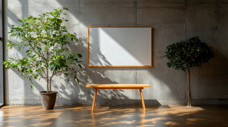 A serene minimalist living room featuring a wooden bench, two plants, and a blank wall, showcasing a tranquil atmosphere with soft shadows and natural light.の素材