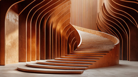 A stunning interior featuring an elegant curved staircase, crafted with warm wooden textures and modern design elements. Perfect for architecture enthusiasts.の素材