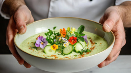 A beautifully presented vegetable soup topped with colorful edible flowers, fresh herbs, and cucumber slices. Perfect for showcasing culinary artistry.の素材