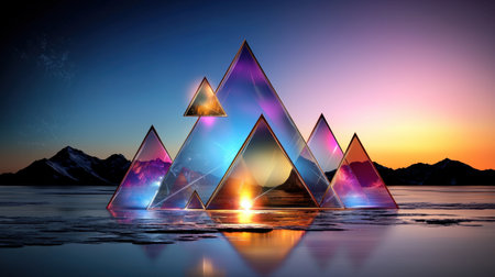 Stunning geometric mountains reflect beautifully in a tranquil lake at sunset, creating a vivid and surreal atmosphere ideal for art and nature lovers.の素材