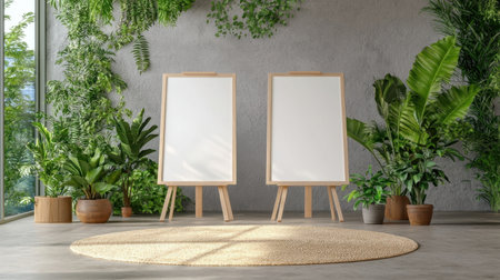 This serene indoor setting features two blank canvases on wooden easels, set amidst vibrant plants and greenery, creating a tranquil atmosphere for creative expression.の素材