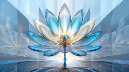 This stunning image features a blue lotus flower emerging from a serene, reflective surface, surrounded by radiant light, symbolizing peace and beauty in nature.の素材