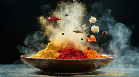 A striking visual of colorful spices exploding in a bowl, surrounded by aromatic herbs and smoke, captures the essence of culinary creativity. Perfect for cooking themes.の素材