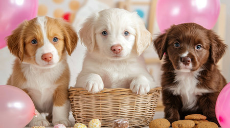 Three adorable puppies sit in a wicker basket, surrounded by treats and colorful balloons, creating a joyful and festive atmosphere perfect for any celebration.の素材