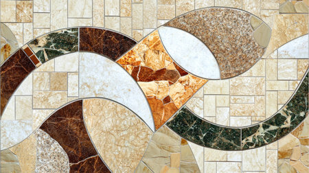 This stunning mosaic features elegant curved patterns made from various natural stones, perfect for enhancing any interior space with artistic charm.の素材